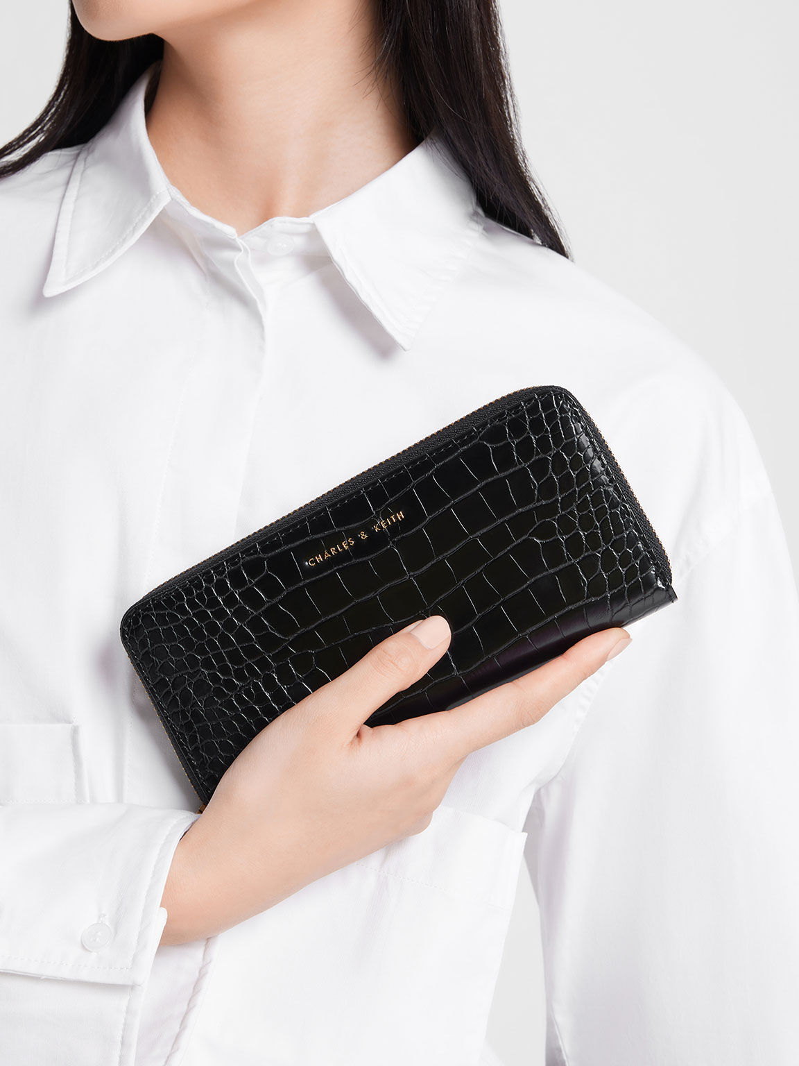 Black Croc Effect Long Wallet CHARLES KEITH UK