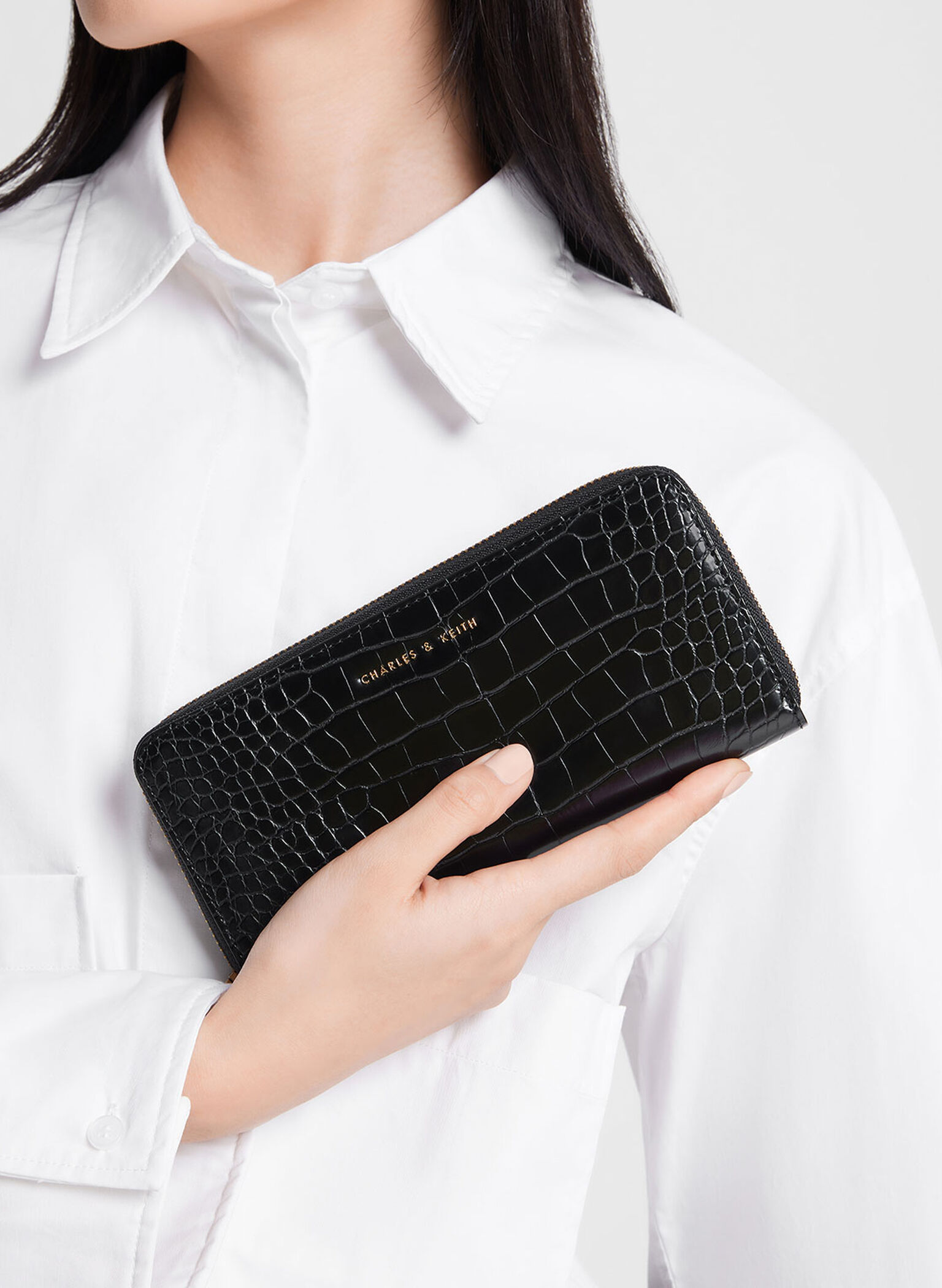Croc-Effect Long Wallet, Black, hi-res