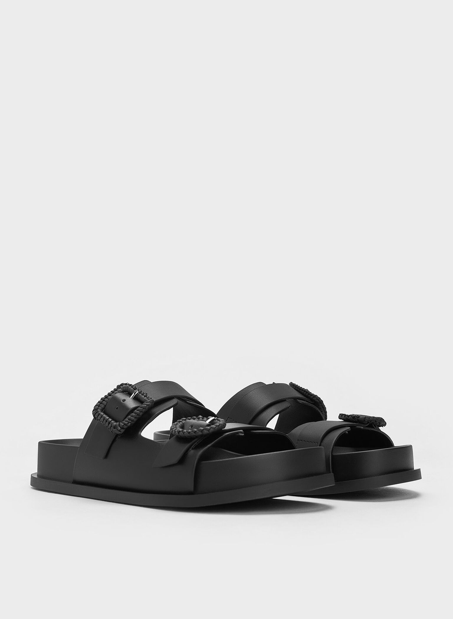 Woven-Buckle Double-Strap Sandals, Black, hi-res