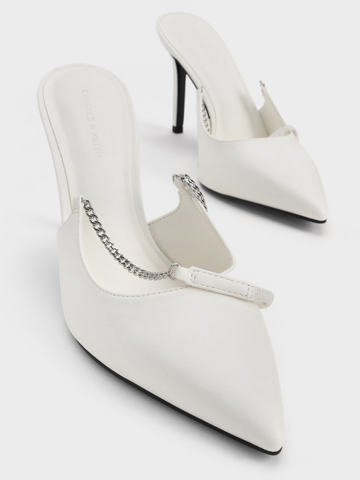 Chain Link Pointed Toe Slingback Pumps White