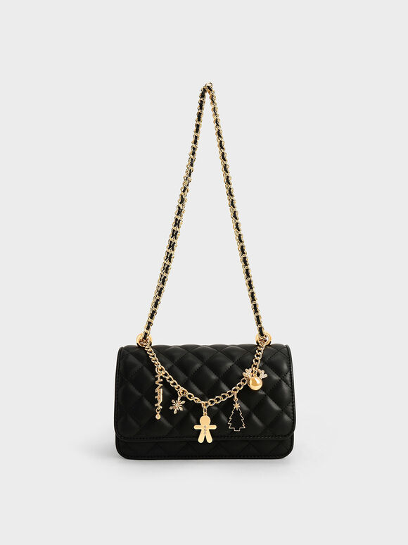 Chain Handle Quilted Clutch, Black, hi-res