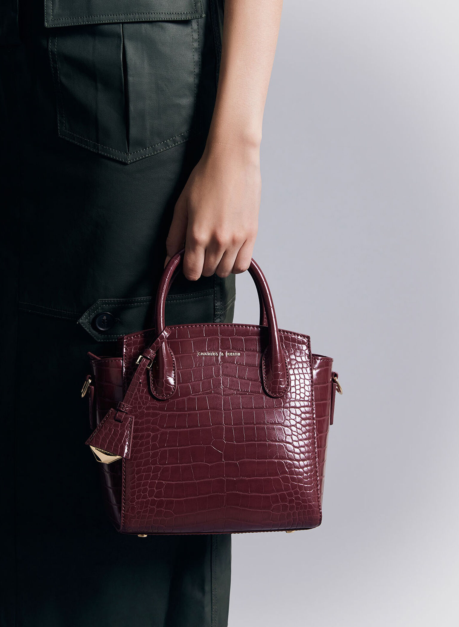 Harper Croc-Effect Structured Top Handle Bag, Burgundy, hi-res