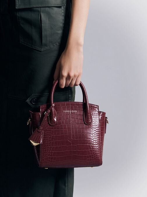 Croc-Effect Trapeze Structured Tote Bag, Burgundy, hi-res