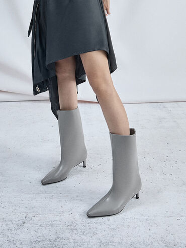 Elongated Tapered-Toe Kitten-Heel Calf Boots, Grey, hi-res
