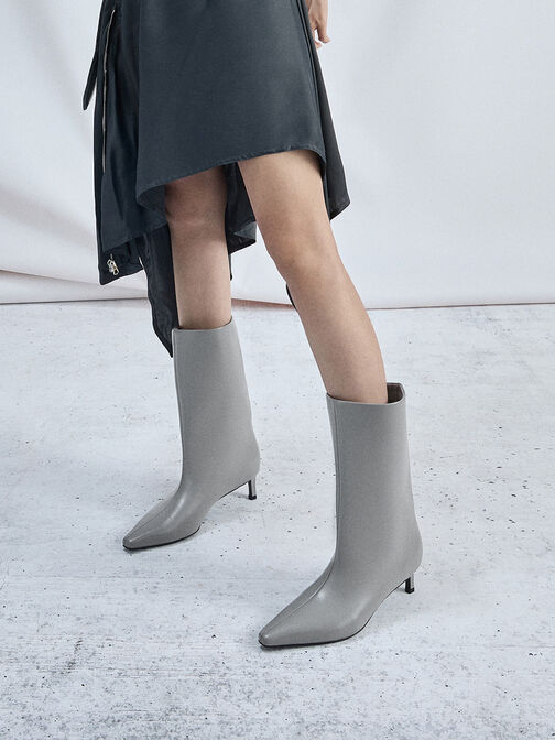 Elongated Tapered-Toe Kitten-Heel Calf Boots, Grey, hi-res