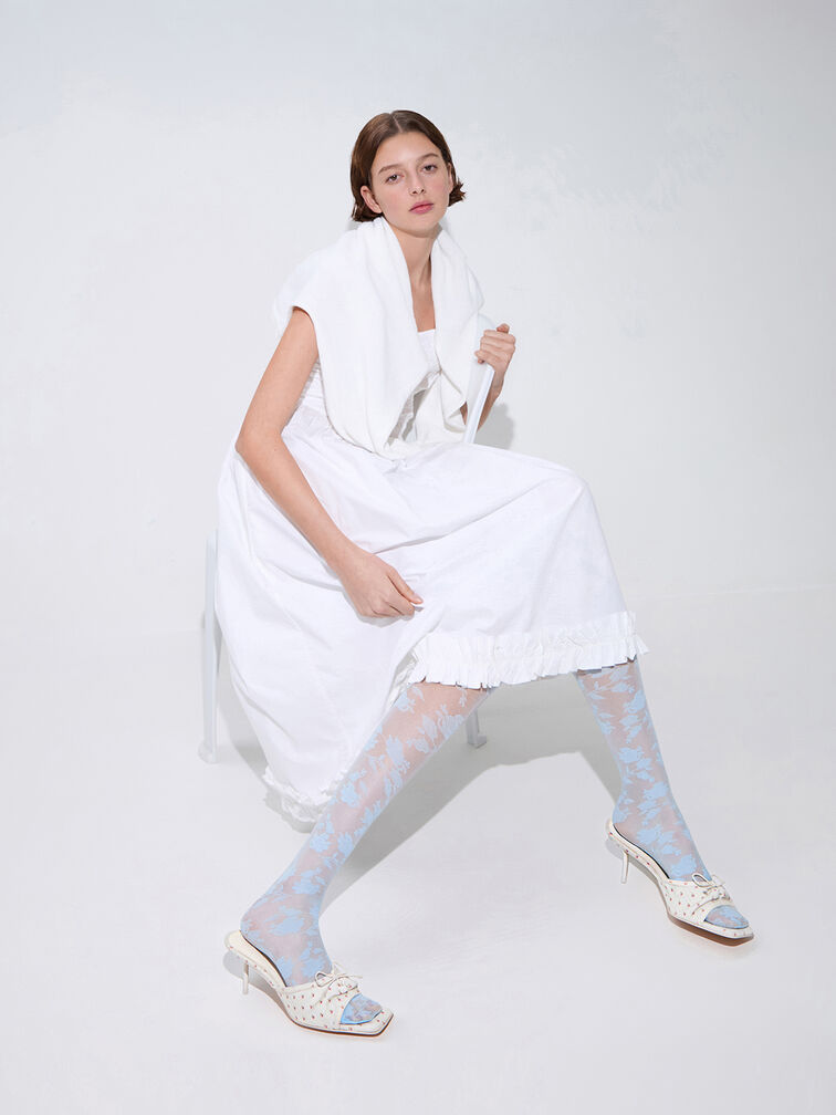 Floral-Print Ruched Bow Heeled Mules, Multi, hi-res