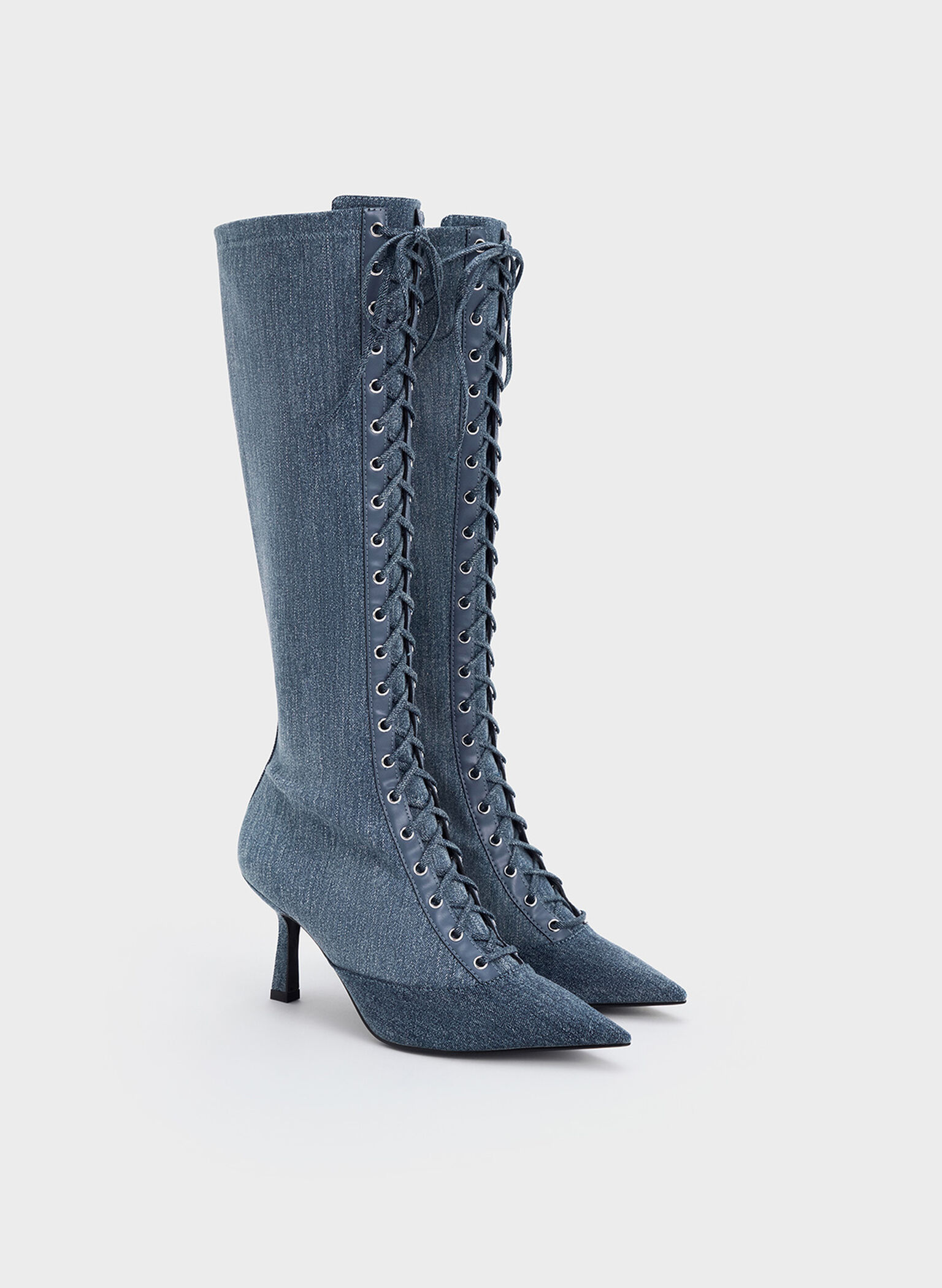 Denim Lace-Up Pointed-Toe Knee-High Boots, Denim Blue, hi-res