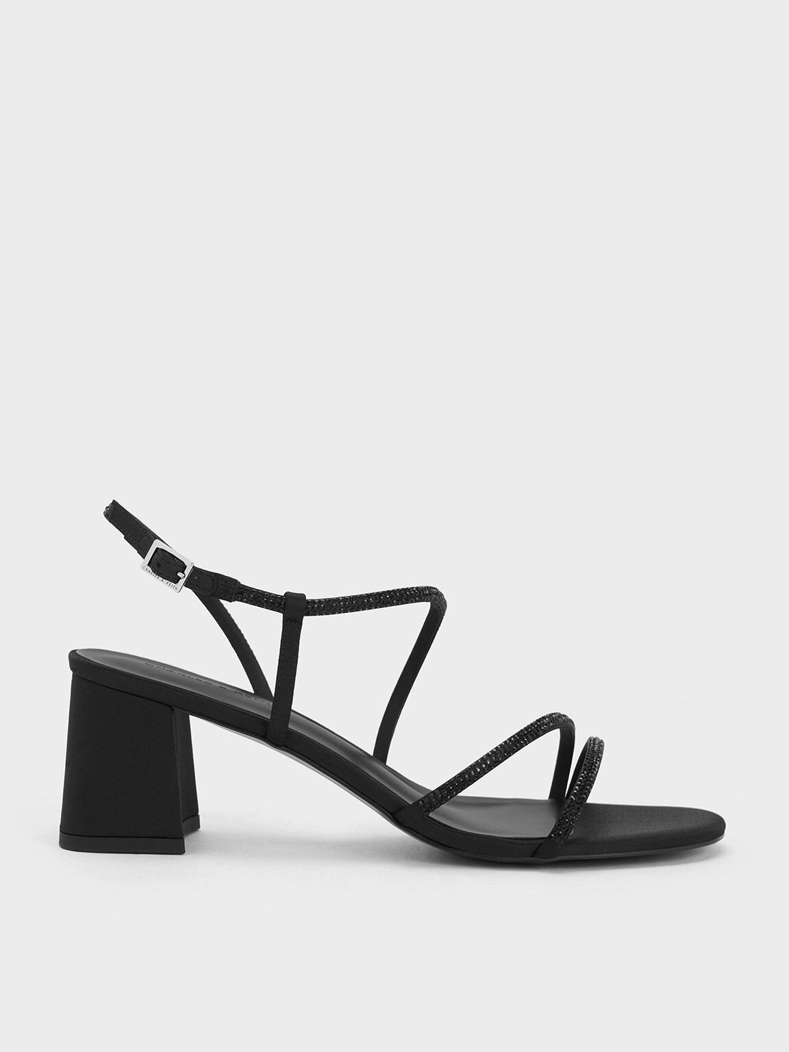 Satin Crystal Embellished Strappy Sandals Black Textured