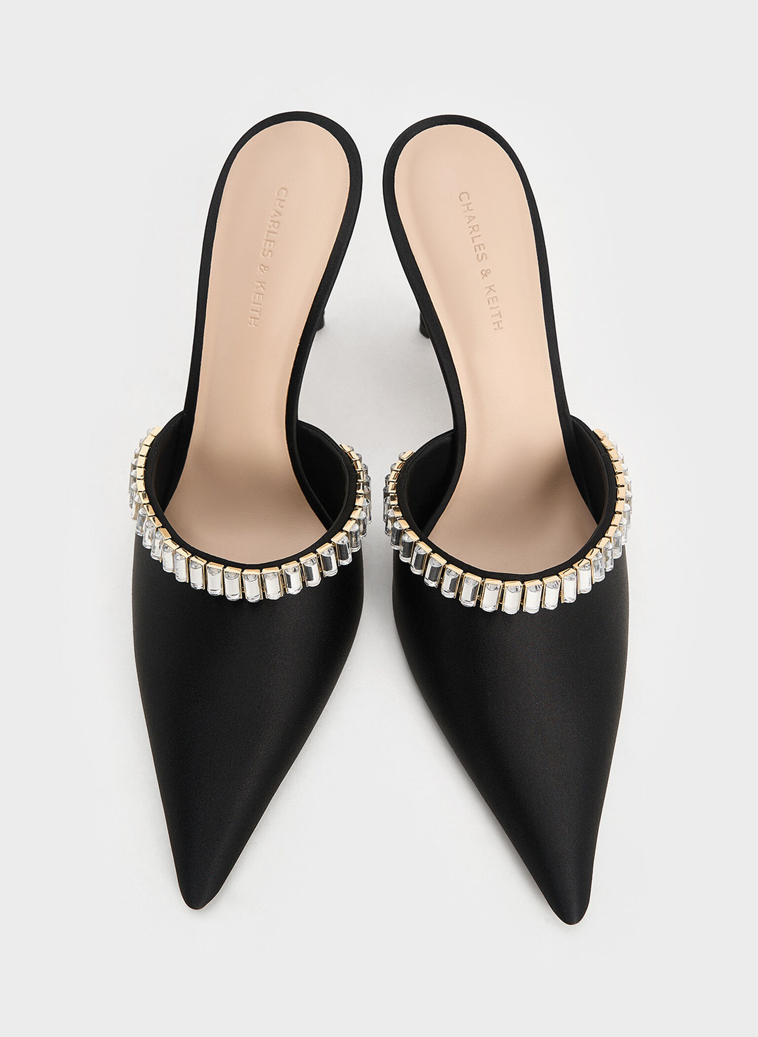 Satin Crystal-Embellished Pointed-Toe Heeled Mules, Black Textured, hi-res