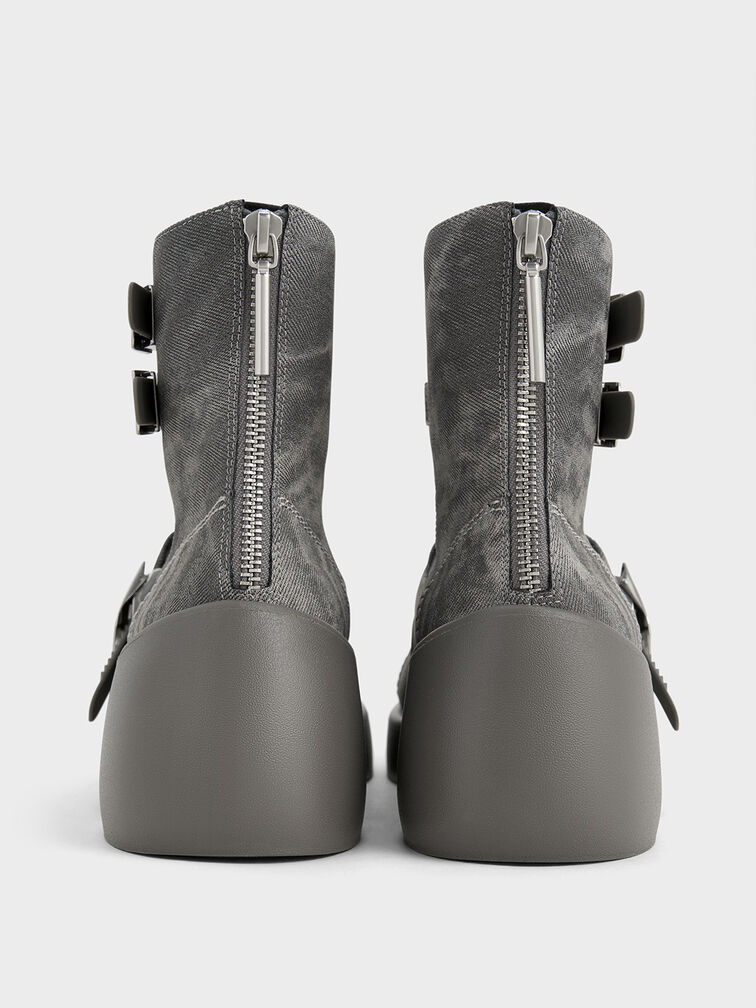 Robbie Denim-Effect Ankle-Strap Mary Jane Boots, Dark Grey, hi-res