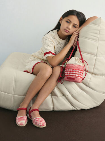 Girls' Ida Knitted Gingham Bucket Bag, Gingham Red, hi-res