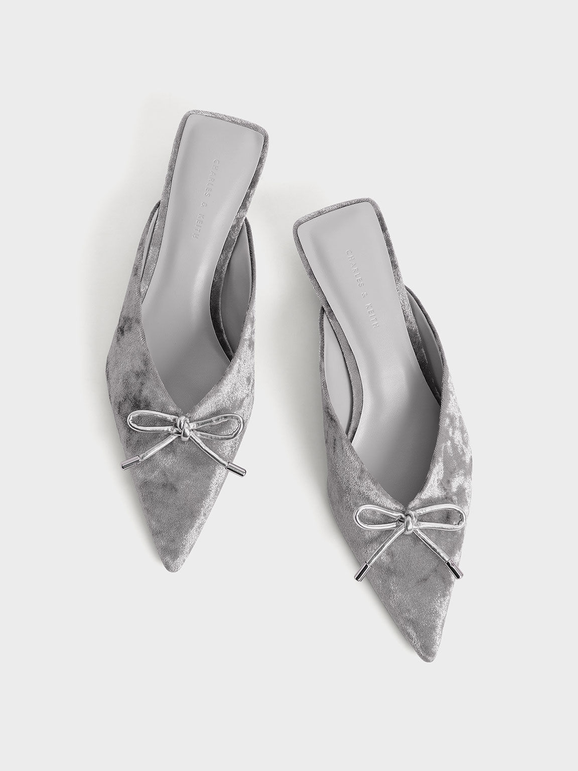 Azalea Velvet Bow-Embellished Mules​, Light Grey, hi-res