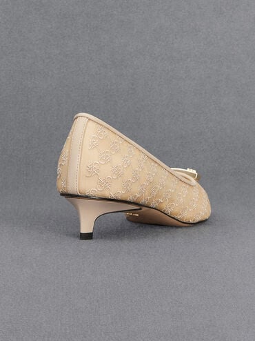 Mesh Kitten-Heel Pumps, Beige, hi-res