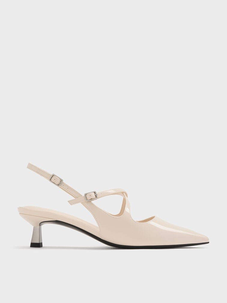 Pauline Patent Crossover Slingback Kitten Heels, Chalk, hi-res