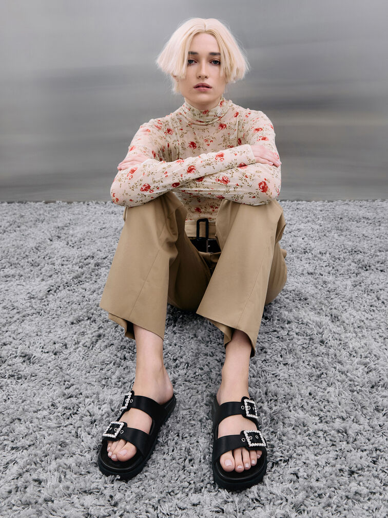 Recycled Polyester Gem-Buckle Double-Strap Sandals, Black Textured, hi-res