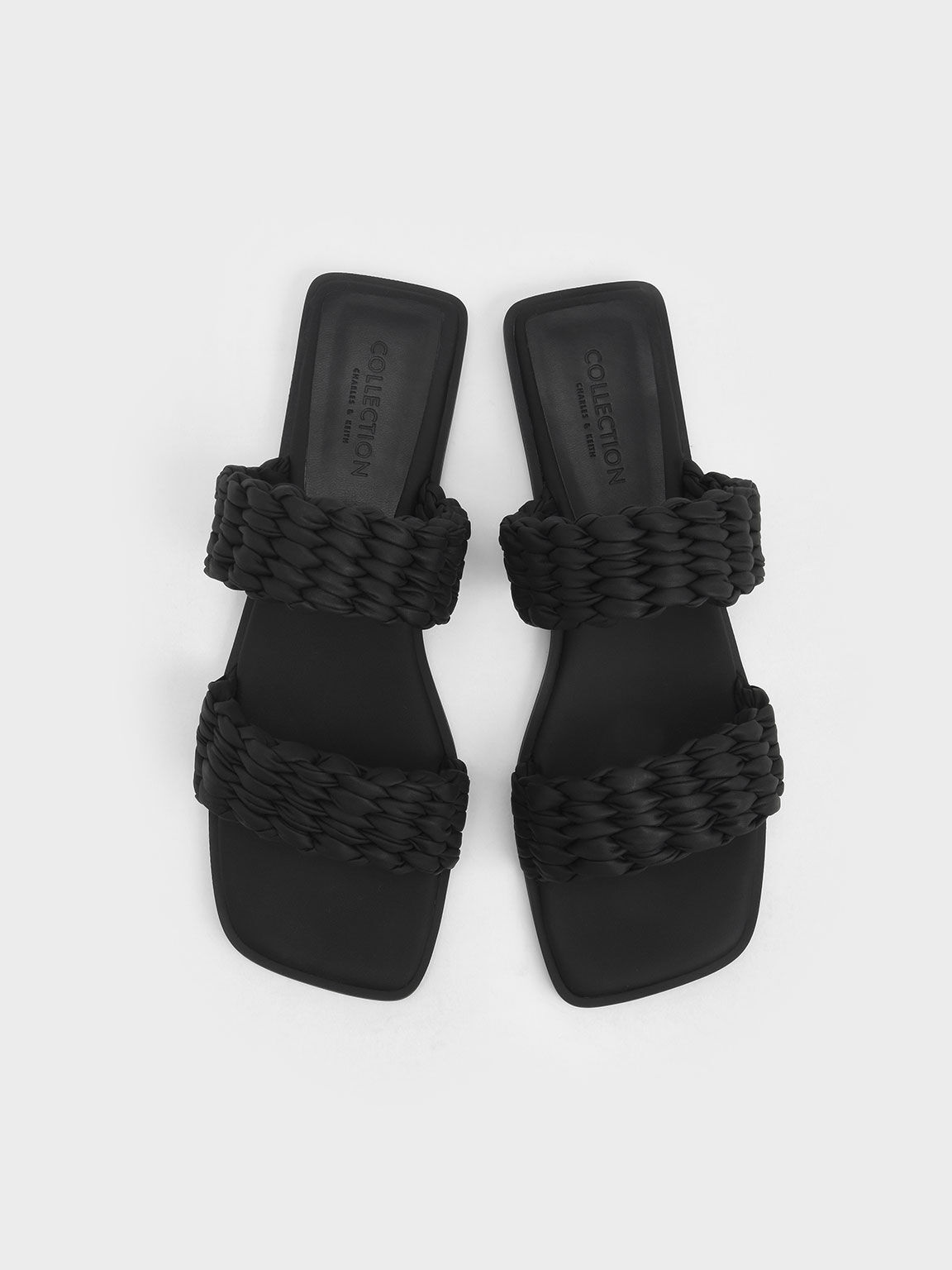 Pleated Slide Sandals, Black, hi-res
