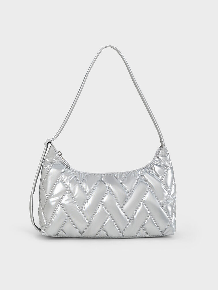 Nylon Chevron Shoulder Bag, Silver, hi-res