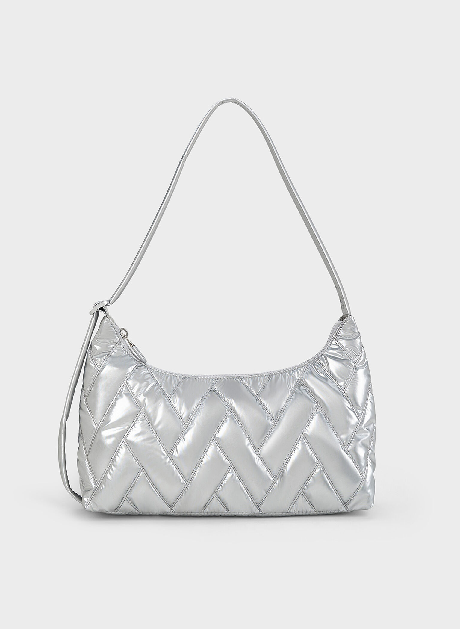 Nylon Chevron Shoulder Bag, Silver, hi-res