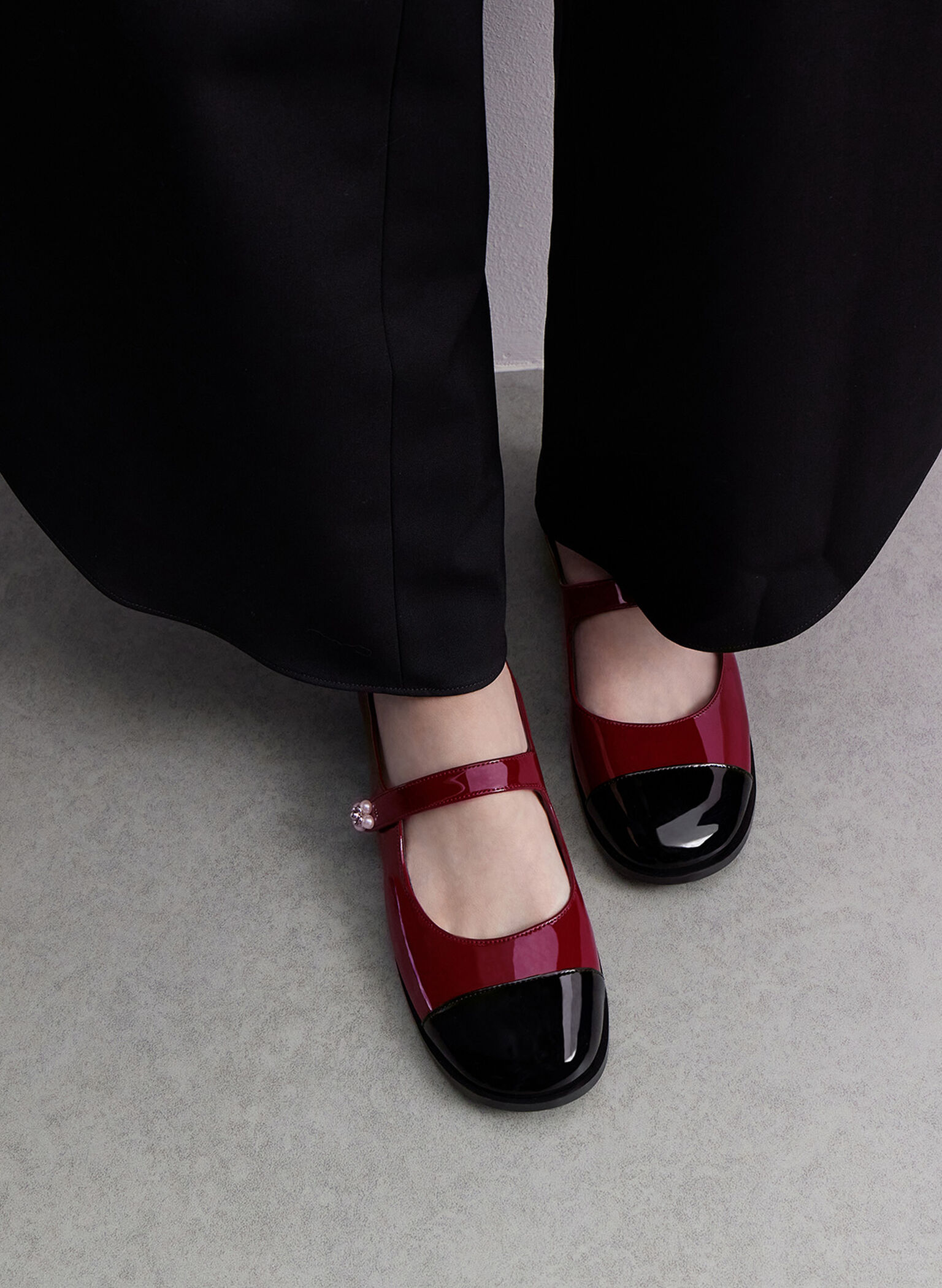 Patent Pearl-Embellished Flower-Buckle Cap-Toe Mary Janes, Maroon, hi-res