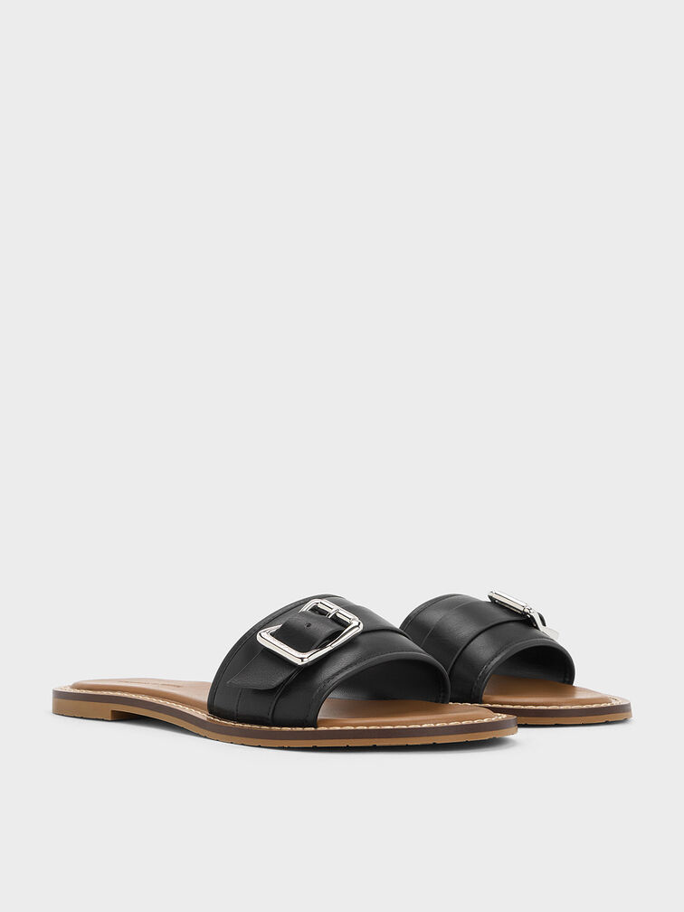 Anita Buckled Slide Sandals, Black, hi-res