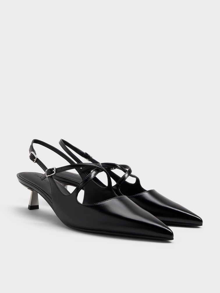 Pauline Pointed-Toe Crossover Slingback Kitten Heels, Black, hi-res