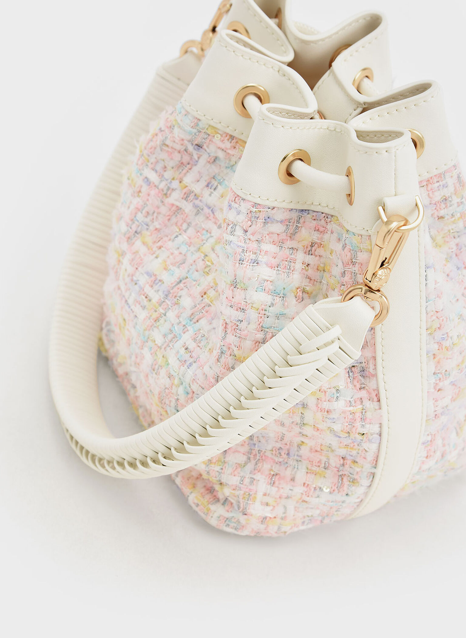 Woven Handle Tweed Bucket Bag, Light Pink, hi-res