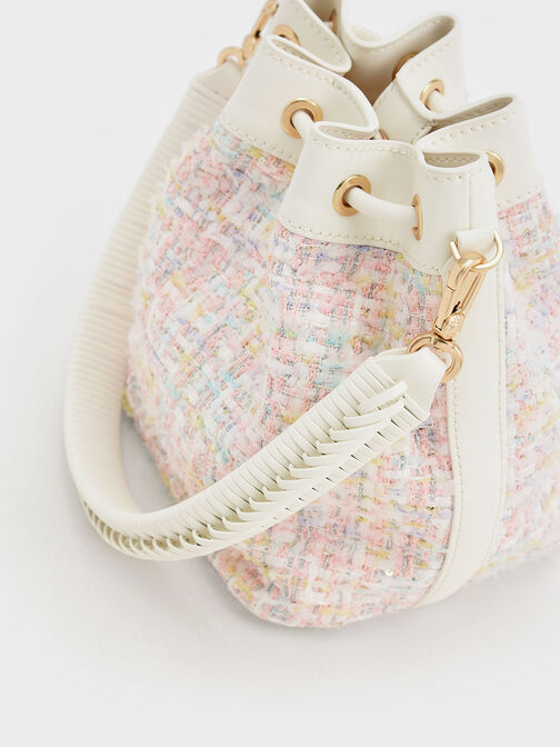 Woven Handle Tweed Bucket Bag, Light Pink, hi-res