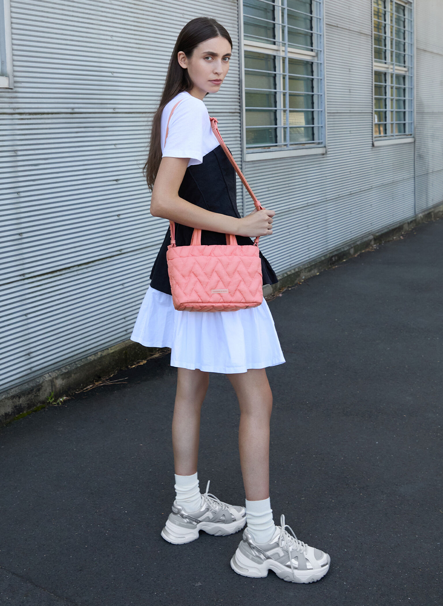 Nylon Chevron Boxy Tote Bag, Guava Pink, hi-res