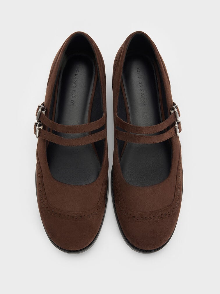 Faux Suede Double-Strap Brogue Mary Janes, Dark Brown Textured, hi-res