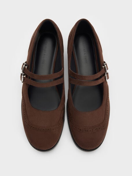 Faux Suede Double-Strap Brogue Mary Janes, Dark Brown Textured, hi-res