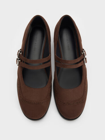 Faux Suede Double-Strap Brogue Mary Janes, Dark Brown Textured, hi-res