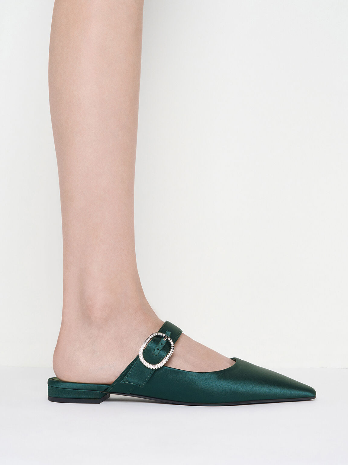Dark Green Recycled Polyester Crystal Buckle Pointed Toe Mules CHARLES KEITH UK