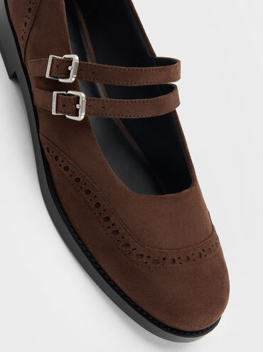 Faux Suede Double-Strap Brogue Mary Janes, Dark Brown Textured, hi-res