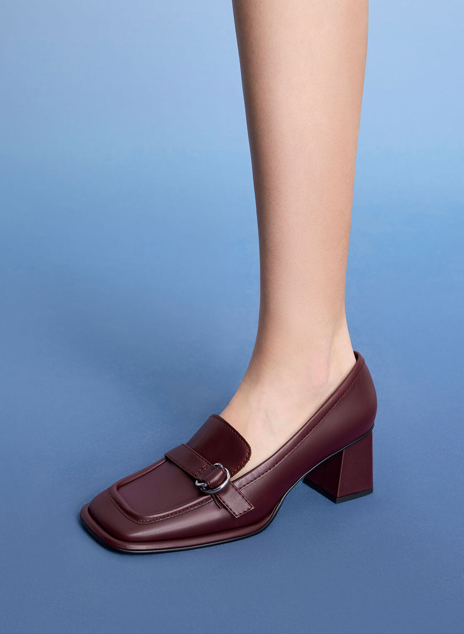 Metallic Buckle Penny Loafers, Burgundy, hi-res