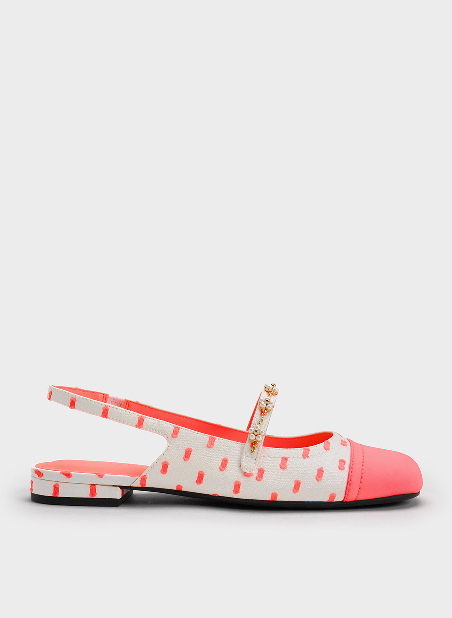 Beaded Flower Printed Slingback Flats, Coral Pink, hi-res