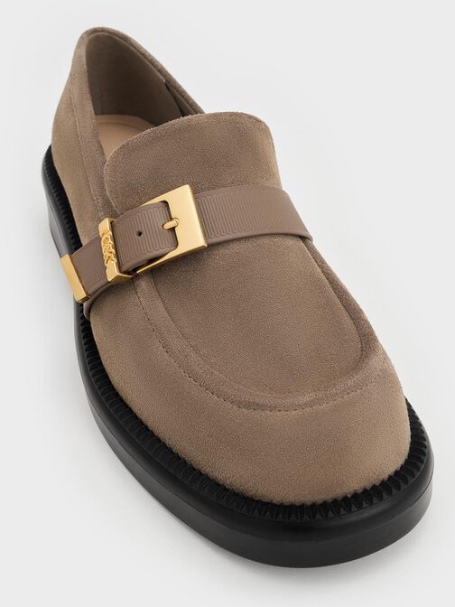 Leather & Suede Buckled-Strap Loafers, Taupe, hi-res