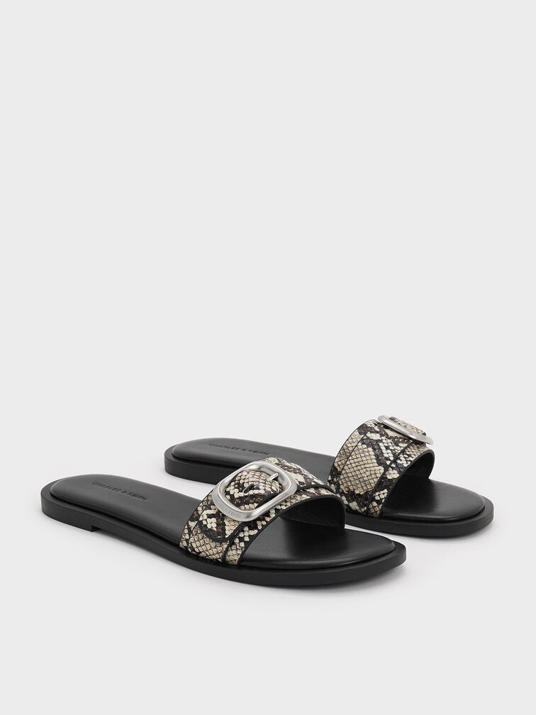 Snake-Print Buckle-Strap Slide Sandals, Animal Print Natural, hi-res