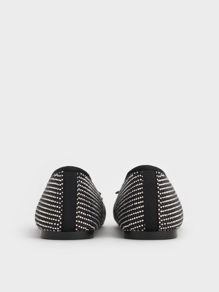 Satin Crystal-Embellished Bow Ballet Flats, Black Textured, hi-res