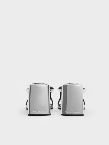 Xeli Metallic Triangle-Heel Mules, Silver, hi-res