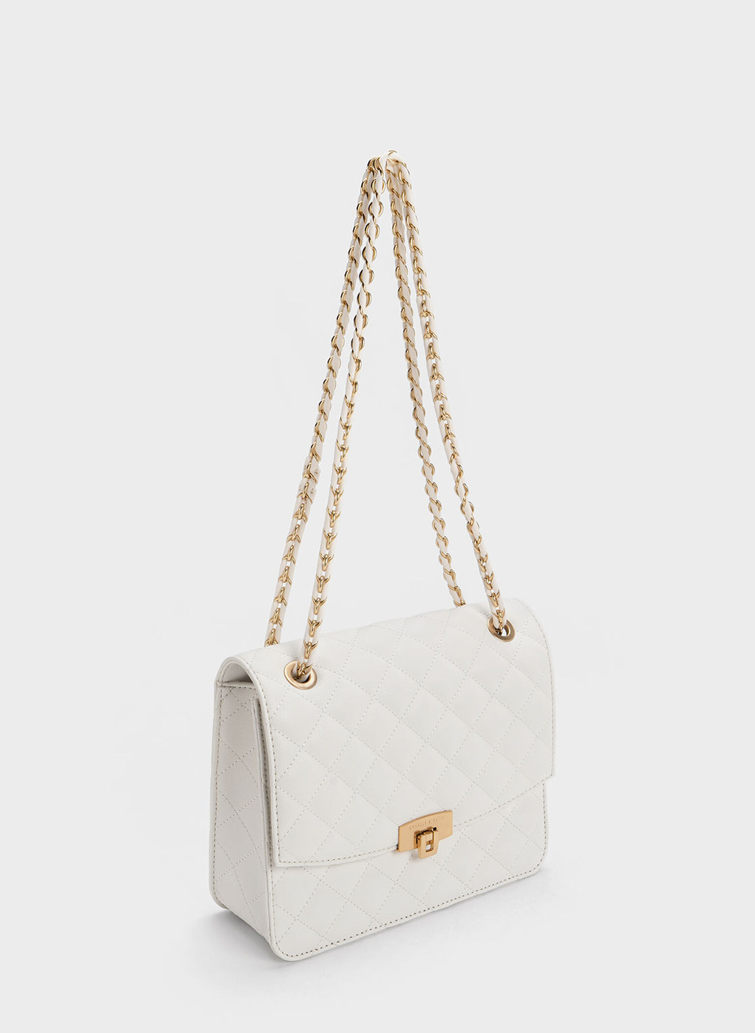 Quilted Chain Strap Bag, White, hi-res