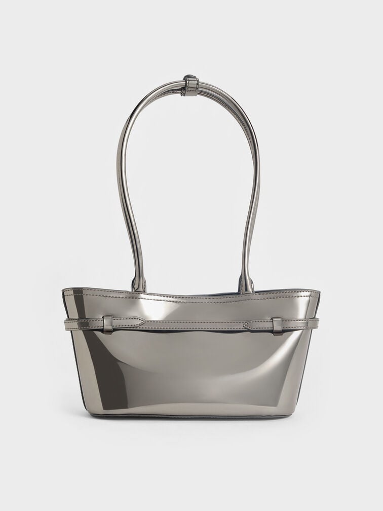 Sloane Metallic Elongated-Handle Shoulder Bag, Pewter, hi-res