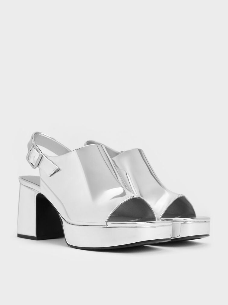 Metallic Peep-Toe Platform Sandals, Silver, hi-res