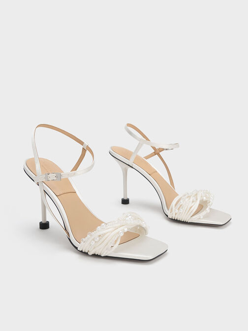 Leda Beaded Asymmetric Satin Sandals, White, hi-res