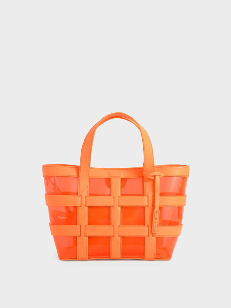 Caged See-Through Tote Bag, Neon Orange, hi-res