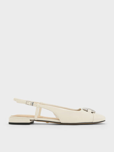 Patent Leather Metallic-Accent Slingback Flats, White, hi-res