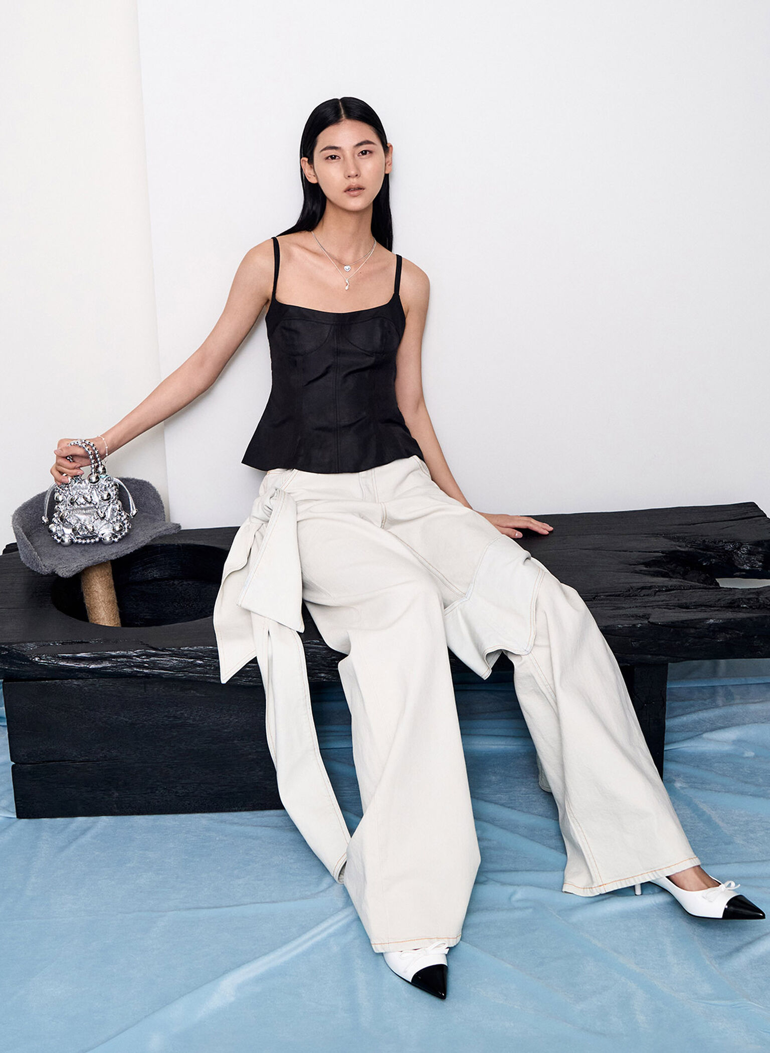 Gift Set: Metallic Beaded Top Handle Bag, Silver, hi-res