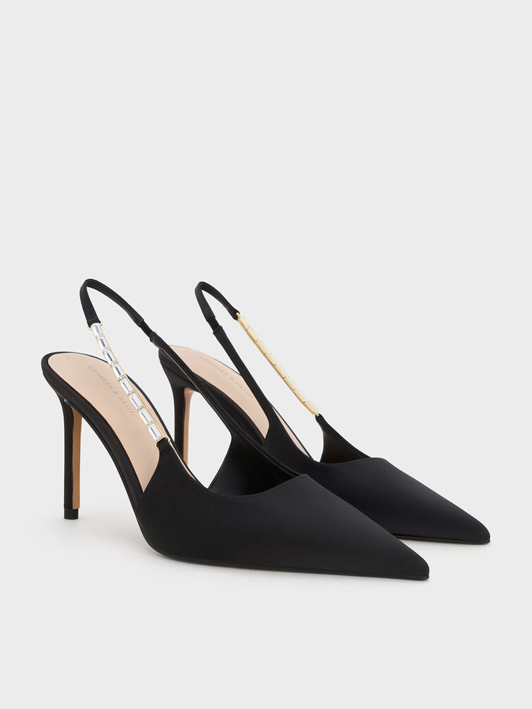 Satin Embellished-Strap Pointed-Toe Slingback Pumps, Black Textured, hi-res