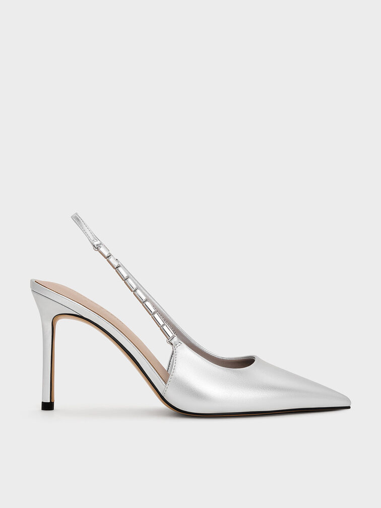 Metallic Embellished-Strap Pointed-Toe Slingback Pumps, Silver, hi-res
