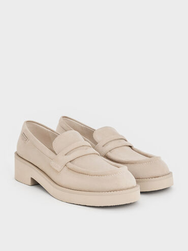 Faux Suede Chunky-Sole Penny Loafers, Beige, hi-res
