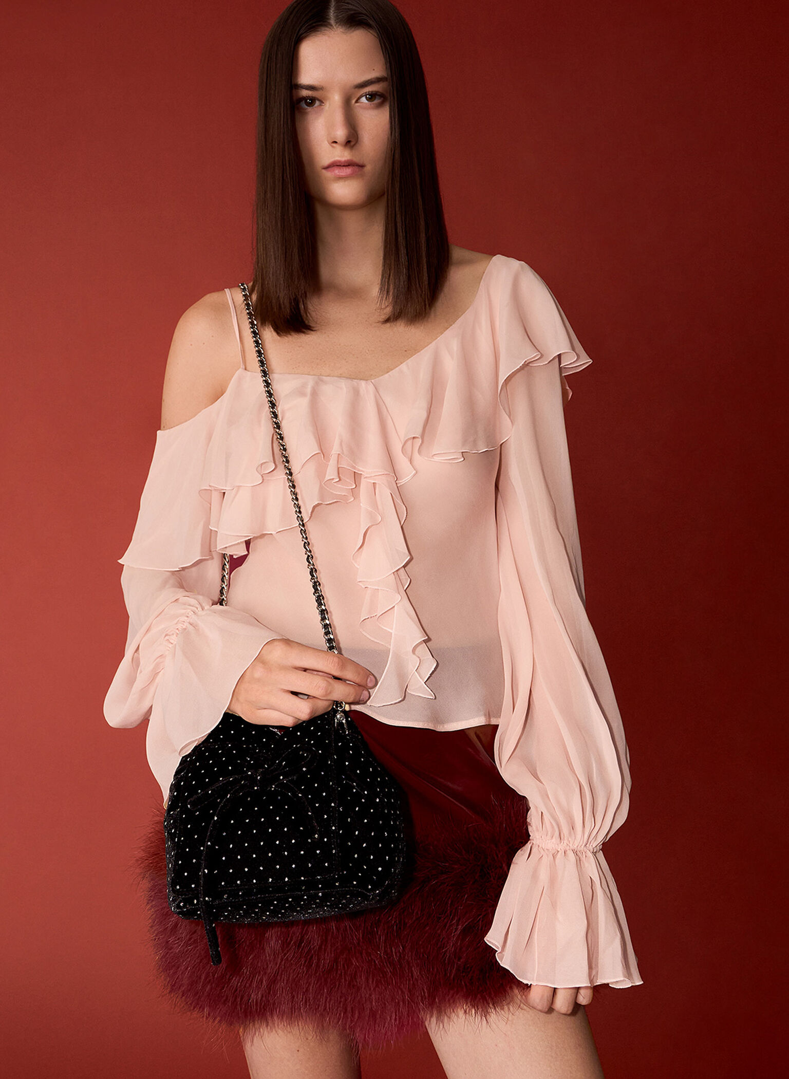 Velvet Dotted Bow Ruched Top Handle Bag, Black Textured, hi-res